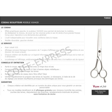 fiche ciseau sculpteur professionnel pour salon de coiffure Takai modèle VUH420. 2 affûtages offerts