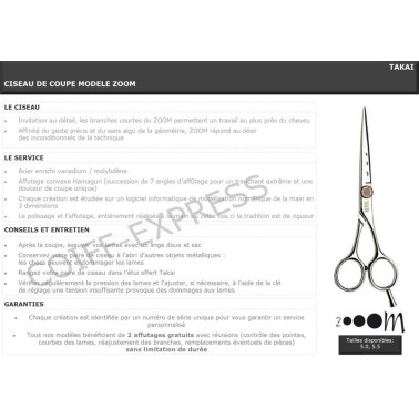 Fiche ciseau de coupe professionnel pour salon de coiffure Takai modèle Zoom. 2 affûtages offerts