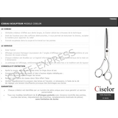 Fiche ciseau sculpteur cheveux professionnel pour salon de coiffure. 2 affûtages offerts. Takai modèle Ciselor