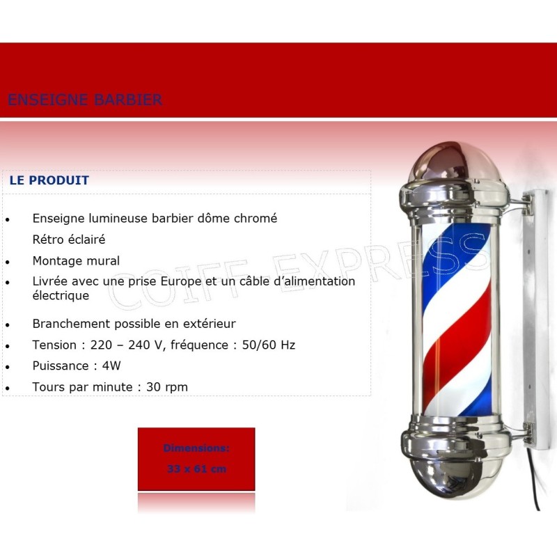 BARBER POLE avec globe - Enseigne Lumineuse Barbier Int / Ext